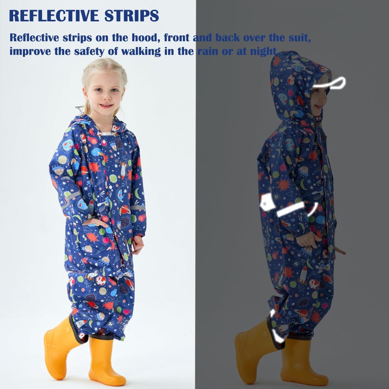 Fewlby Kids Rain Suit for Boys One Piece Hoodie Zipper Cartoon Waterproof Coverall Toddler Rain Jacket, 1-3 Years S Size - Image 4