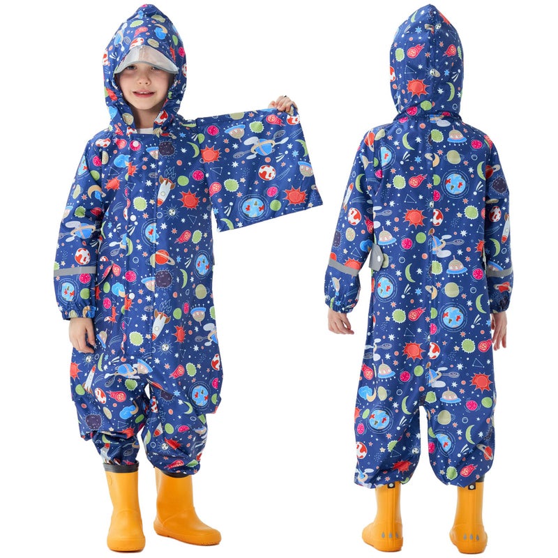 Fewlby Kids Rain Suit for Boys One Piece Hoodie Zipper Cartoon Waterproof Coverall Toddler Rain Jacket, 1-3 Years S Size - Image 1