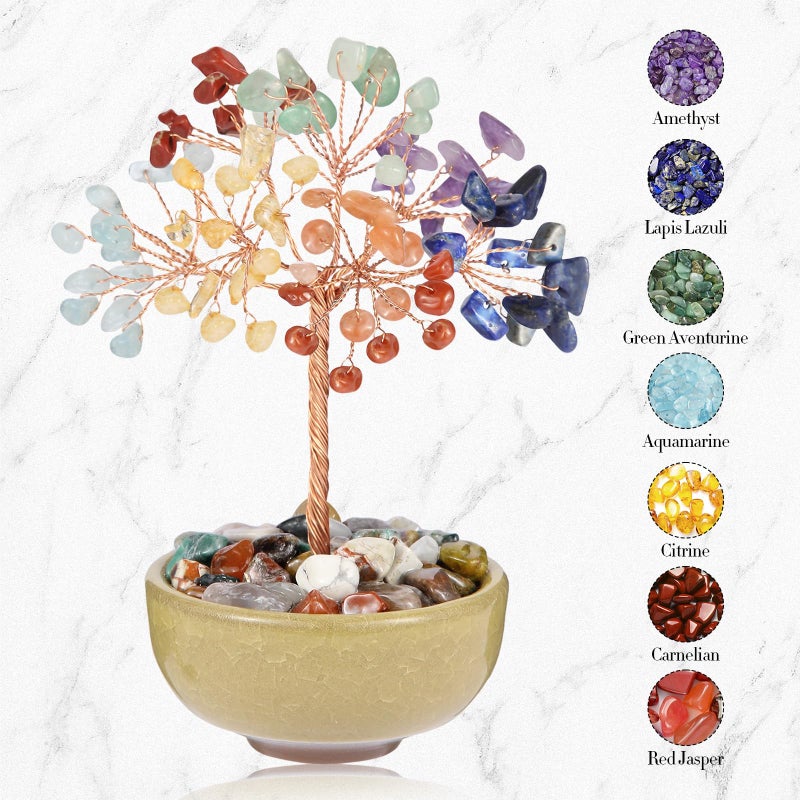 Ytbeoxk 7 Chakra Crystal Tree with Ceramic Base,Natural Gemstone Feng Shui Money Tree for Wealth,Good Luck & Positive Energy,Handmade 5 Inch Healing Abundance Bonsai for Home Office Decor - Image 2