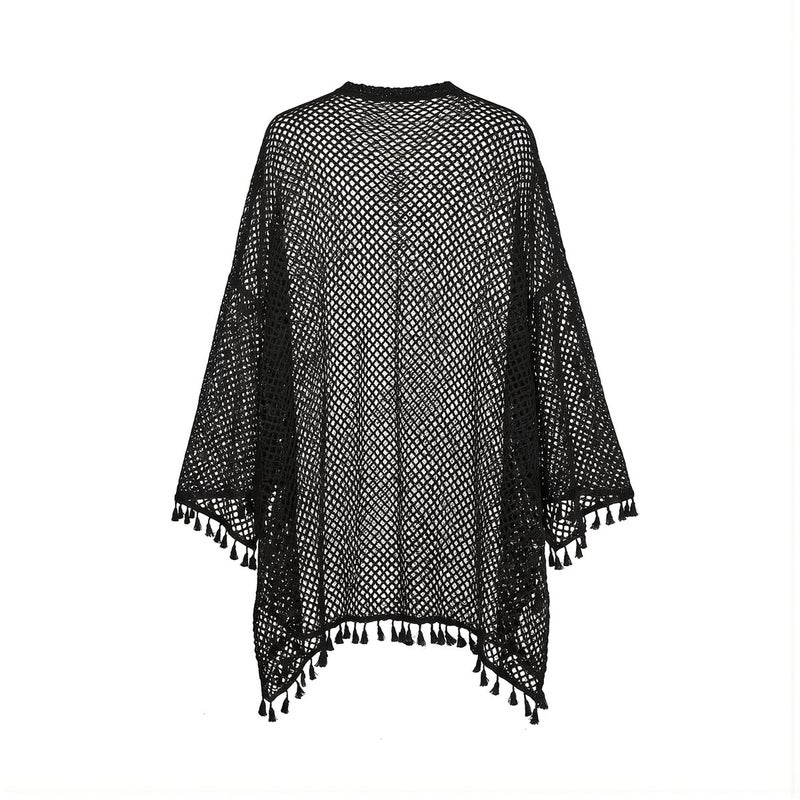 Quick Dry Sheer Mesh Beach Cover Up Tassel Trim Lightweight Swim Wrap Women - Image 1