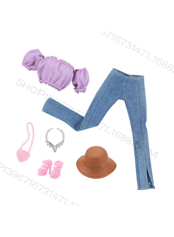 6 Points 30cm Barbie Doll Multiple Colors Available Puff Sleeve Light Mature Style Shorts Trousers Flared Pants-Color:Dc 1-10 (just Clothes + Accessories)-Height:About 30cm Doll - Image 1