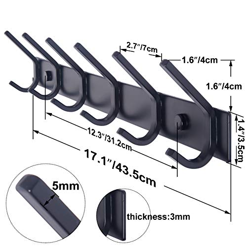 WEBI Coat Rack Wall Mounted,17-1/8 Inch Hooks for Hanging Coats,Heavy Duty Metal Hook Rail with 6 Double Dual Hooks Hanger Wall Mount for Purse Clothes Jacket Backpack Entryway,Black - Image 2
