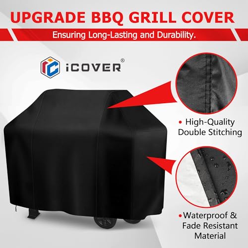 iCOVER Grill Cover, 65 inch BBQ Grill Cover for Outdoor Grill, Anti-UV & Fade Resistant Gas Grill Cover, Waterproof Barbecue Grill Covers for Weber, Char-Broil, Nexgrill and More, Black - Image 4