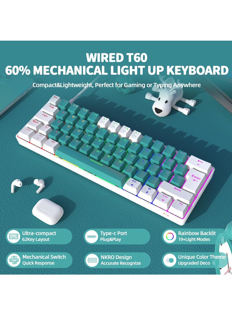 Joshberg - T60 Wired 60% TKL Mechanical Gaming Keyboard with Led Rainbow Backlight Ultra-Compact NKRO Tactile Clicky Blue Switch Dual-Color ABS Keycap - Image 1