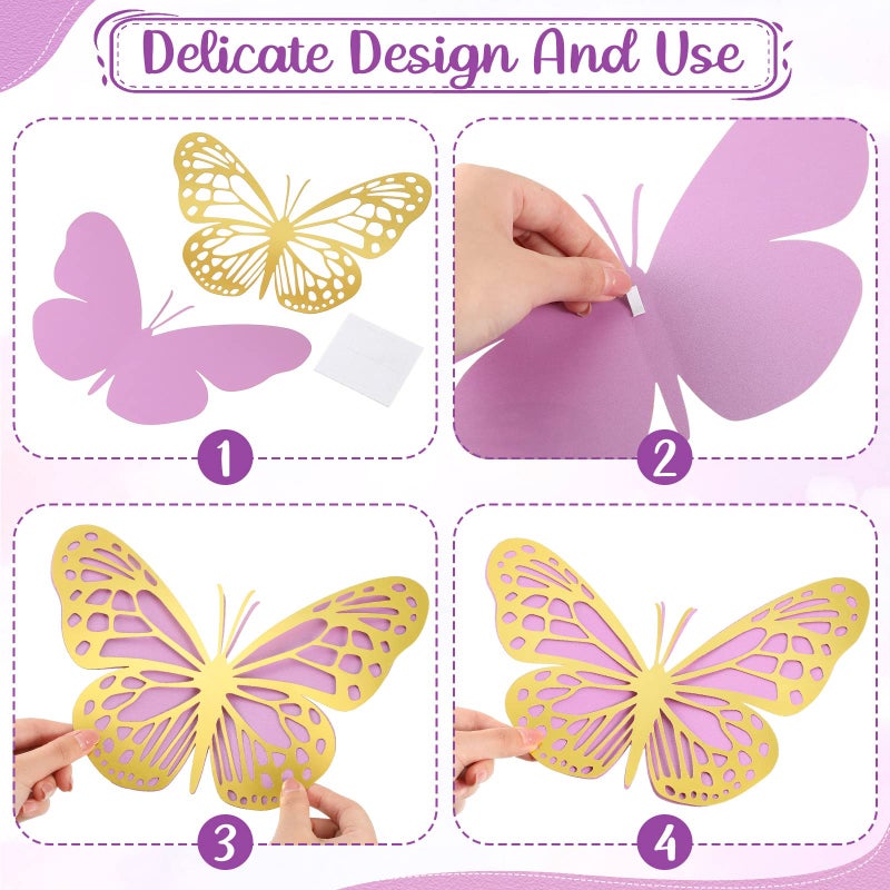 Geosar 3D Large Butterfly Party Decoration 2 Layer Giant Paper Butterfly Stickers for Birthday Baby Shower Nursery Wall Decor(Gold  Purple 20 Pcs) - Image 3
