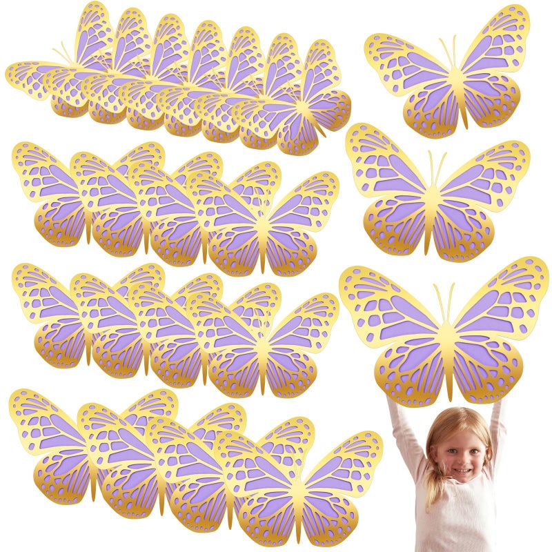 Geosar 3D Large Butterfly Party Decoration 2 Layer Giant Paper Butterfly Stickers for Birthday Baby Shower Nursery Wall Decor(Gold  Purple 20 Pcs) - Image 1