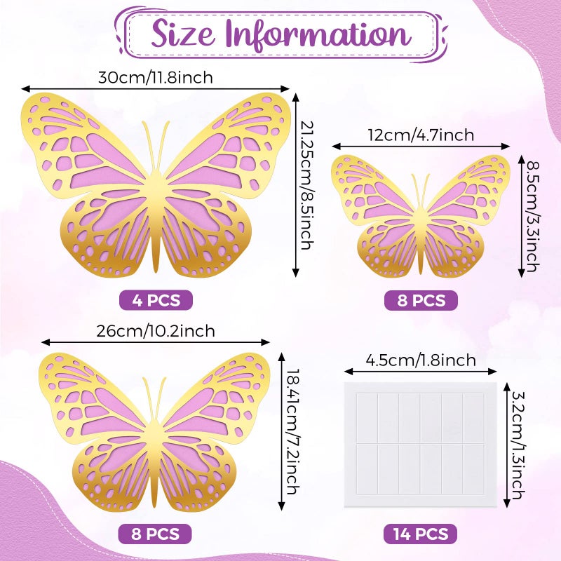 Geosar 3D Large Butterfly Party Decoration 2 Layer Giant Paper Butterfly Stickers for Birthday Baby Shower Nursery Wall Decor(Gold  Purple 20 Pcs) - Image 2