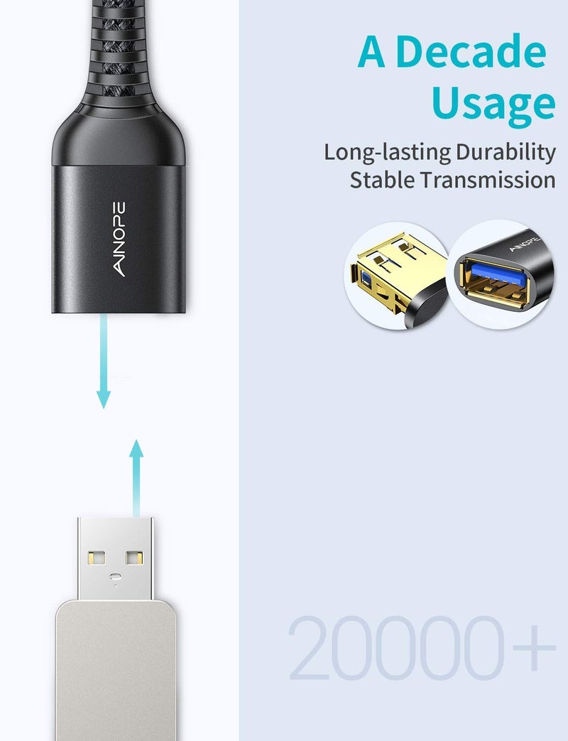 AINOPE 2 Pack USB Extensions Cable High Speed USB 3.0 Extension Cord Type A Male to Female Sturdy Braided Material Fast Data Transfer Compatible with USB Keyboard,Mouse,Flash Drive,Black,6.6FT+6.6FT - Image 4