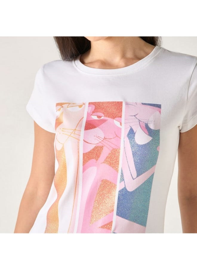 SP Characters Pink Panther Print T-shirt with Crew Neck and Short Sleeves  - Image 3