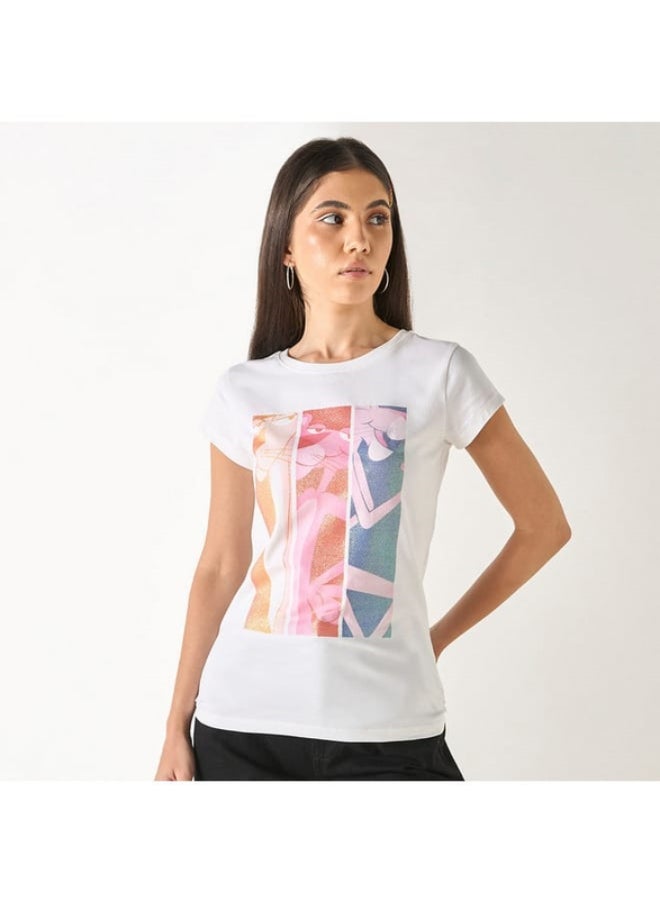SP Characters Pink Panther Print T-shirt with Crew Neck and Short Sleeves  - Image 2
