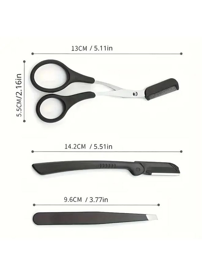 Black Eyebrow Trimming Tool Set With File Razor Tweezers And Scissors For Men And Women - Image 4