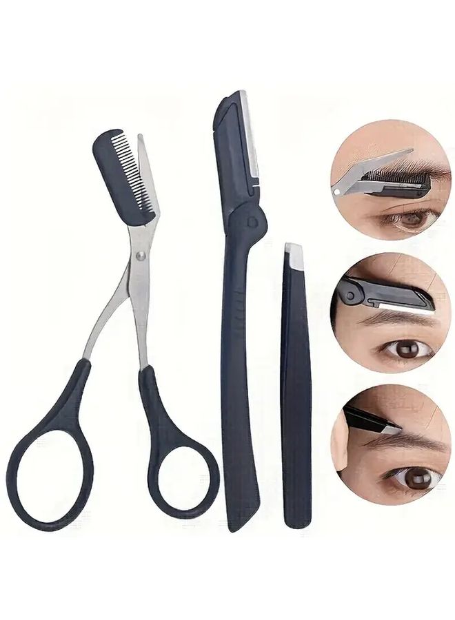 Black Eyebrow Trimming Tool Set With File Razor Tweezers And Scissors For Men And Women - Image 2