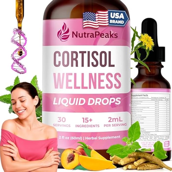 NutraPeaks مكملات الكورتيزول للنساء - قطرات سائلة - توازن الهرمونات ودعم المزاج للنساء - أشواغاندا، غابا، مغنيسيوم جليسينات، روديولا، 5-HTP - خالي من السكر، نباتي، غير معدل وراثيًا - 2 أونصة سائلة - Image 1