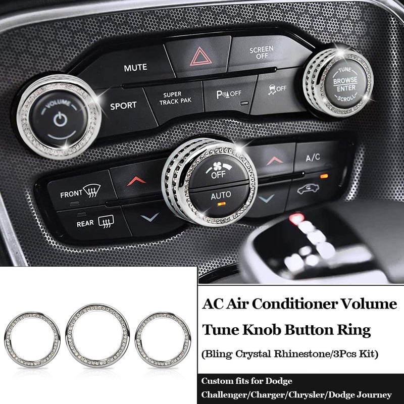 Auprite Climate Control Knob Covers for Challenger Accessories 2015-2023 2024, for Dodge Charger 2015-2023 2024, for Dodge Chrysler 300/300s 2015-2024,3Pcs Kit (Bling Silver) - Image 2
