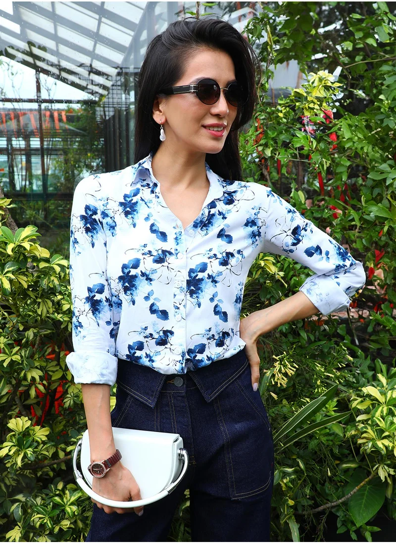 PINACOLADA Women's Navy Blue Botanical Strokes Shirt