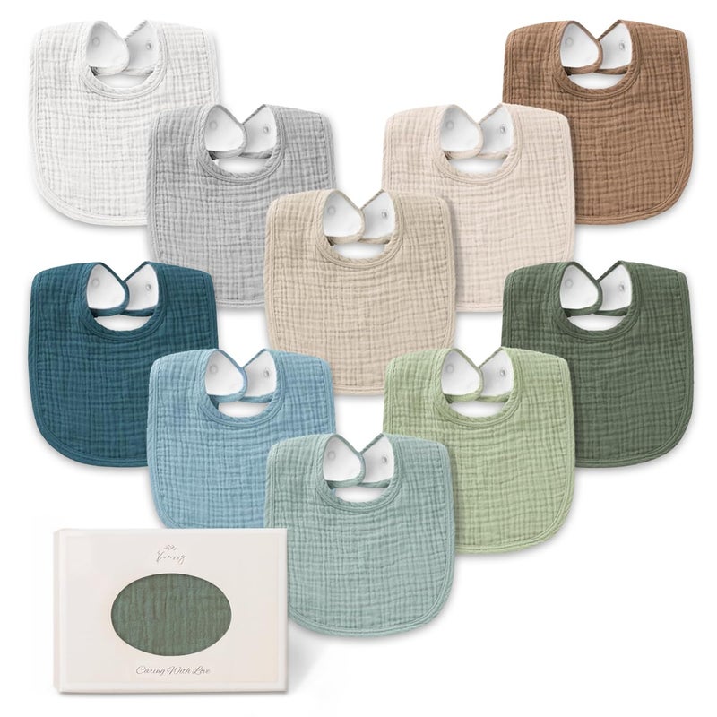 Konssy 10-Pack Muslin Baby Bibs, Soft Cotton Bandana Bibs for Drooling & Teething, Unisex Solid Colors for Boys & Girls, Newborn & Infant - Image 1