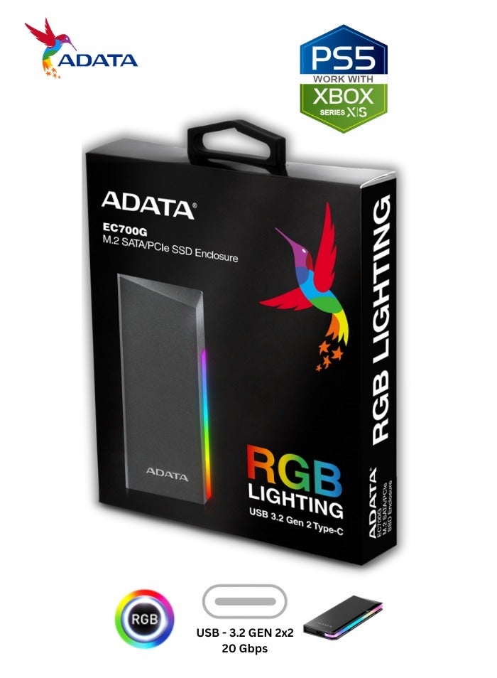 ADATA EC700G M.2 PCIe SATA SSD Enclosure with RGB lighting | USB 3.2 Gen2 |  Compatible with PS5 XBOX  - Image 2