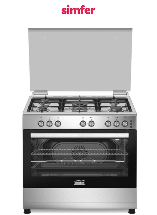Simfer 5 Burners Gas Cooker, 90x60 cm, Full Safety, Timer, Self Ignition,  Turkish, light grill, Steel | F9502SGWHM-SMF01  - Image 1
