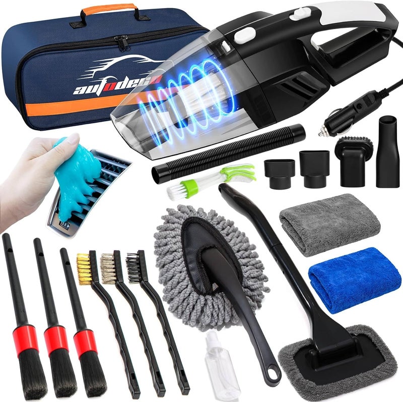 AUTODECO مجموعة أدوات تنظيف السيارات مكونة من 20 قطعة، تشمل منظفًا للتفاصيل الداخلية، مكنسة كهربائية يدوية عالية القوة، مجموعة فرش، أداة لتنظيف الزجاج الأمامي، مكنسة غبار، مناديل، أدوات كاملة لعناية بالسيارة، اللون أزرق. - Image 1