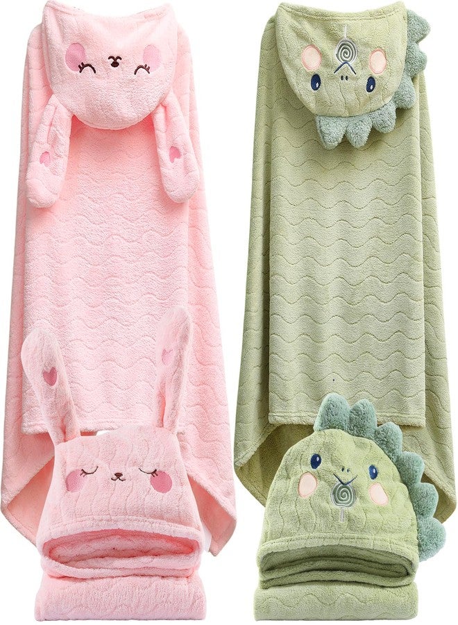 BEFACL Hooded Towel for Kids, 2 Pack Ultra Soft Coral Fleece Kids Bath Towels, Absorbent Toddler Towels with Hood Age 0-10 Years for Infant, Kids - Large 27.5 X 55 inch (Pink Rabbit & Green Dinosaur) - Image 1
