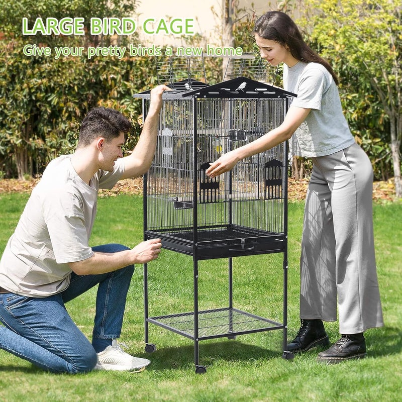 TDOO Large Standing Bird Cage with Rolling Stand & Slide Out Tray - Wrought Iron Flight Parrot Cage for Macaw, Cockatiel, Canary, Finch, Lovebirds, Parakeets and Other Medium Birds (52.76in) - Image 1