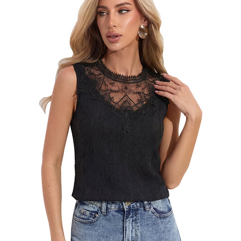 Women's Lace Trim Camisole Top Solid Color Sleeveless Strap Vest - Image 5