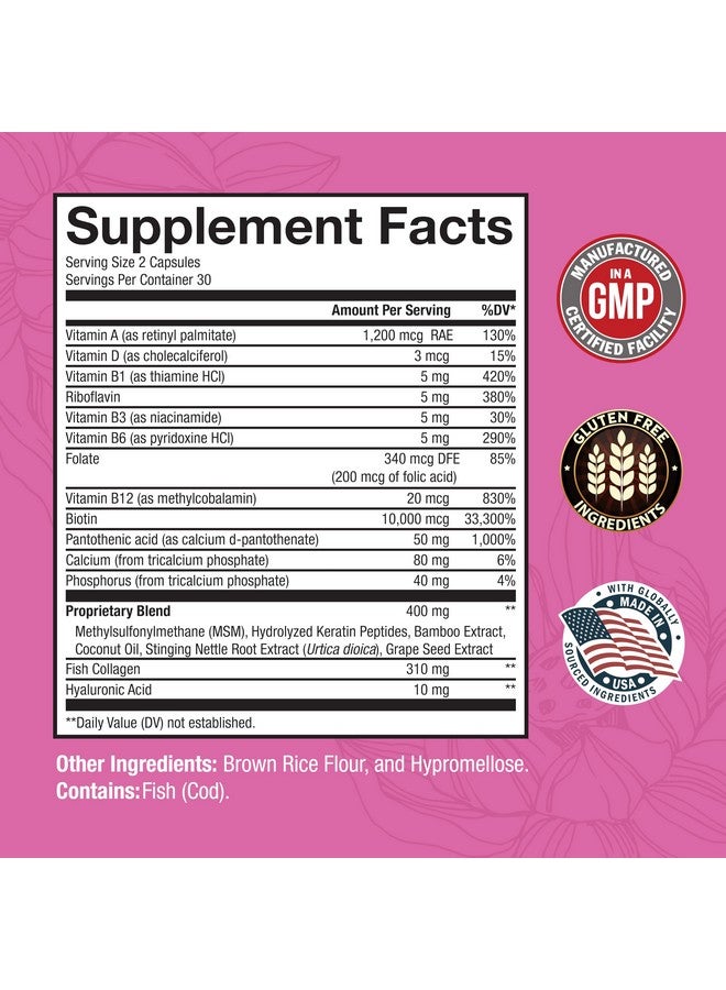 BioSchwartz مكمل بيوشوارز البيوتين والكولاجين والكيراتين مع حمض الهيالورونيك وفيتامينات ب المركب - فيتامينات الجمال للنساء مع 10000 ميكروغرام من البيوتين لدعم الشعر والبشرة والأظافر - غير معدلة وراثيًا، 60 كبسولة - Image 3