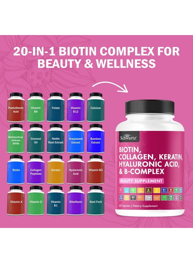 BioSchwartz مكمل بيوشوارز البيوتين والكولاجين والكيراتين مع حمض الهيالورونيك وفيتامينات ب المركب - فيتامينات الجمال للنساء مع 10000 ميكروغرام من البيوتين لدعم الشعر والبشرة والأظافر - غير معدلة وراثيًا، 60 كبسولة - Image 4