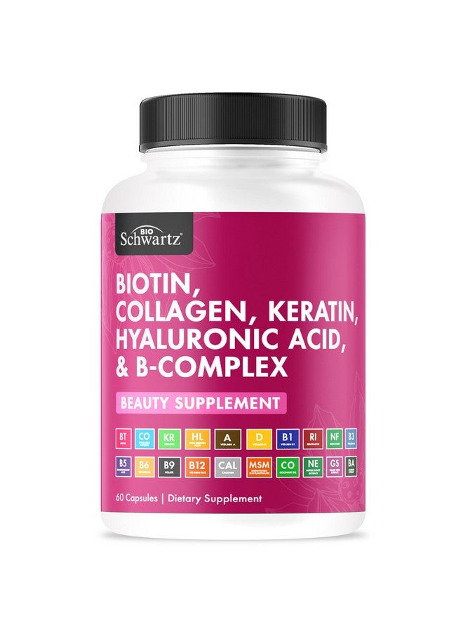 BioSchwartz مكمل بيوشوارز البيوتين والكولاجين والكيراتين مع حمض الهيالورونيك وفيتامينات ب المركب - فيتامينات الجمال للنساء مع 10000 ميكروغرام من البيوتين لدعم الشعر والبشرة والأظافر - غير معدلة وراثيًا، 60 كبسولة - Image 1