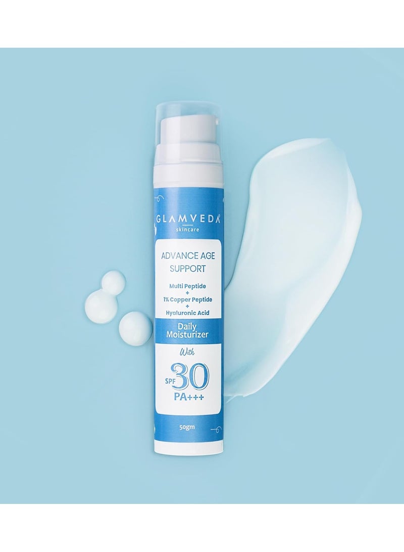 Glamveda 1 percent copper peptide age support sunscreen spf 30 centella asiatica broad spectrum blue light filter uva uvb protection 50gm - Image 1