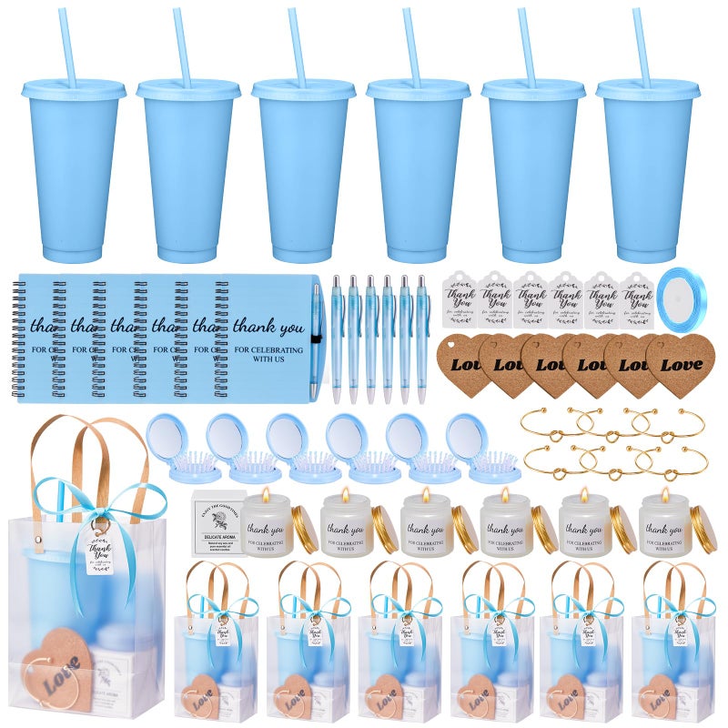50Pcs Baby Shower Prizes for Game Winners Baby Shower Favors Gifts including Plastic Tumbler Notebook Scented Candles Ballpoint Pen Mirrors with Hair Brushes Bracelet Gift Bag Blue