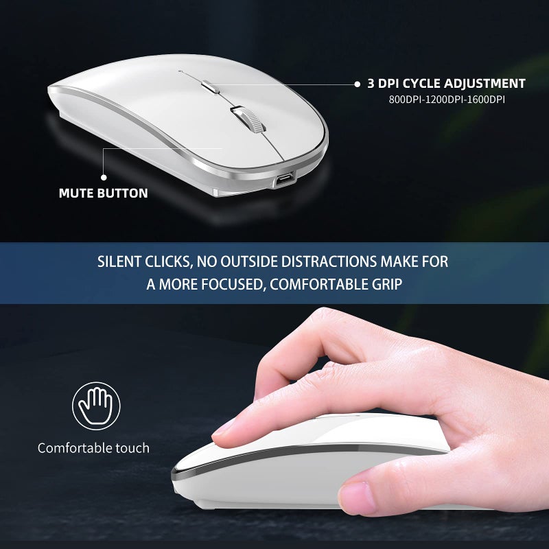 Halpilt Wireless Mouse Chargeable Portable Silent USB-A and Type-C Dual Mode 3 Adjustable DPI for Laptop, PC (Q23S Black) (White) - Image 3