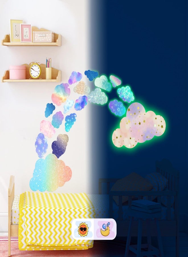 Robmoda Glow in The Dark Colorful Clouds Wall Stickers, Holographic Rainbow Cloud Wall Stickers for Kids Bedroom, Colorful Glitter Vinyl Clouds Decals, Living Room Nursery Playroom Room Home Decor - Image 3