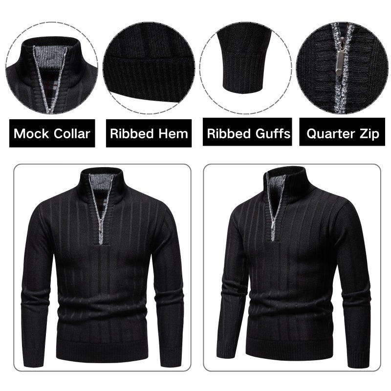 Mylldey Quarter Zip Sweater Men's Pullover Sweaters Knit Long Sleeve Sweater Men(Black-XXL) - Image 4