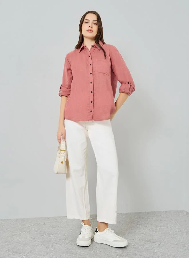 Styli Women Cotton Oversized Shirt with Roll-Up Sleeves