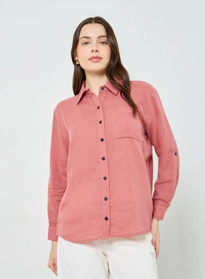 Styli Women Cotton Oversized Shirt with Roll-Up Sleeves