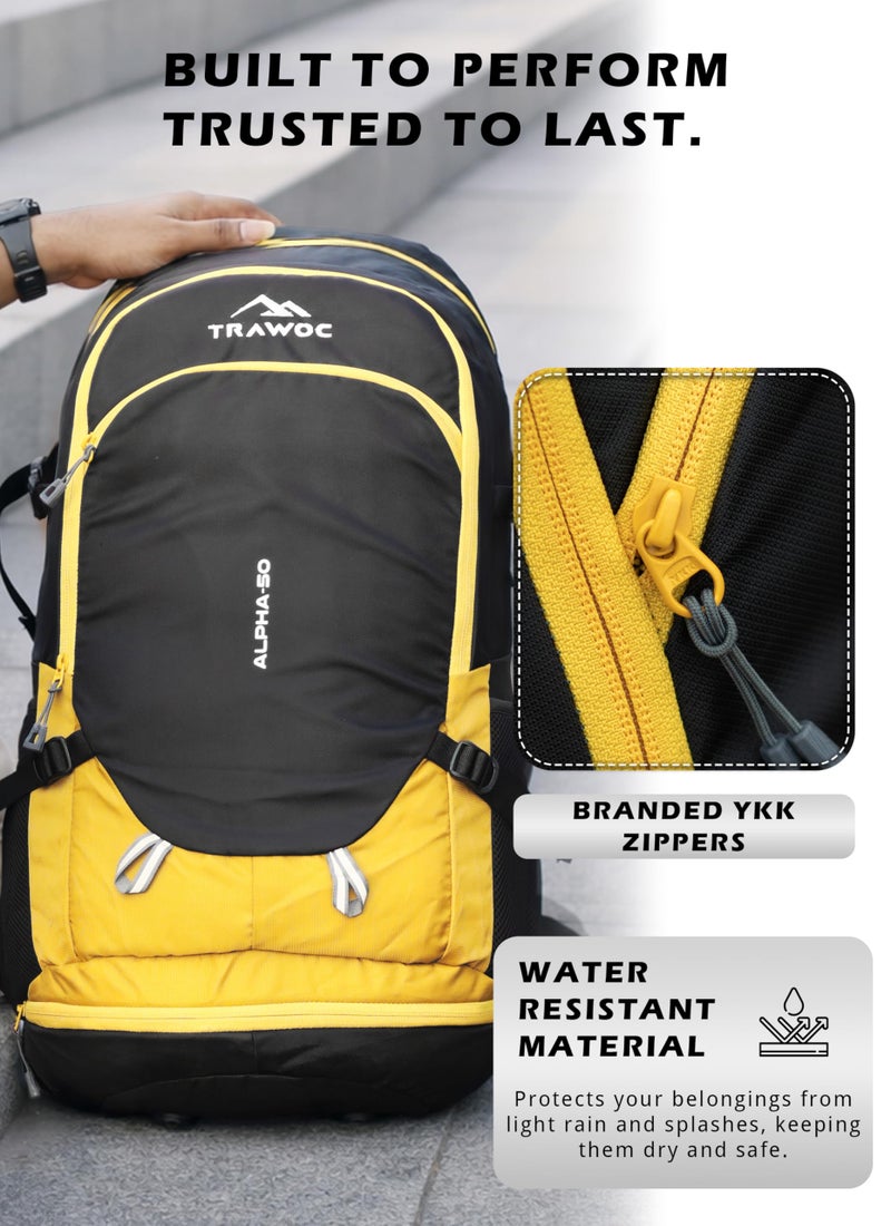 TRAWOC ALPHA 50 Litre Travel Backpack Water Resistant Daypack Bag for Cycling Trekking Hiking Camping for Men & Women, 3 Year Warranty, Yellow - Image 2