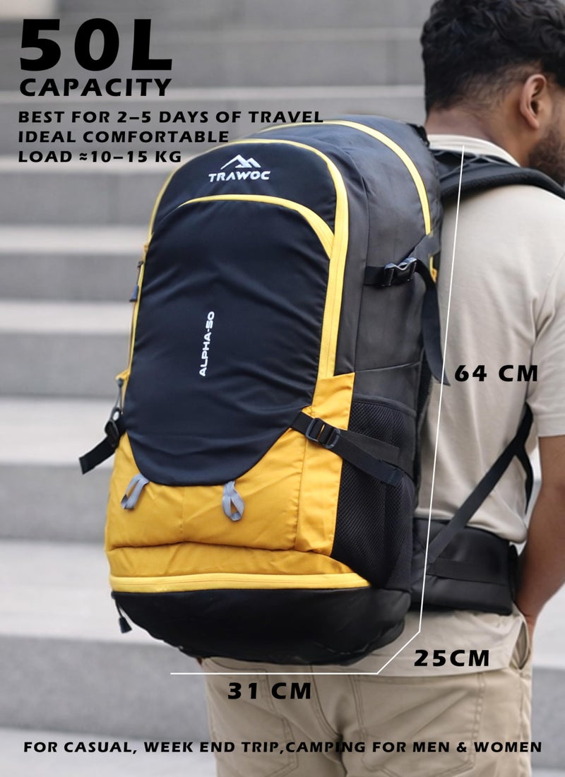 TRAWOC ALPHA 50 Litre Travel Backpack Water Resistant Daypack Bag for Cycling Trekking Hiking Camping for Men & Women, 3 Year Warranty, Yellow - Image 4