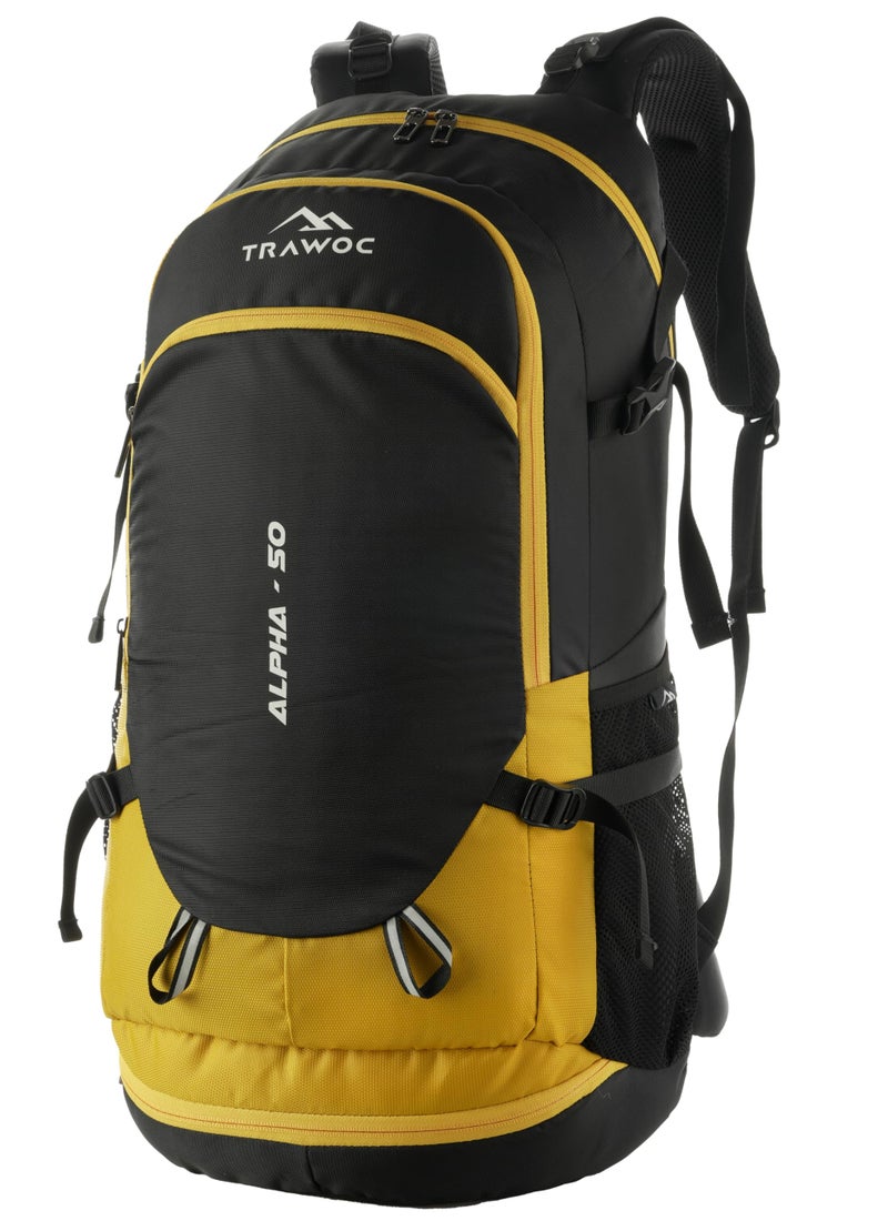 TRAWOC ALPHA 50 Litre Travel Backpack Water Resistant Daypack Bag for Cycling Trekking Hiking Camping for Men & Women, 3 Year Warranty, Yellow - Image 1