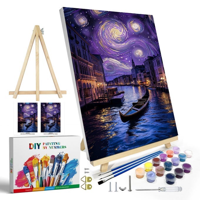 PAINT BY NUMBERS KIT FOR ADULTS WITH FRAME STARRY NIGHT PAINT BY NUMBERS WITH EASEL DIY TOWN RIVER BOAT PAINT BY NUMBERS LANDSCAPE FOR HOME WALL DECOR 8 X 12 INCH