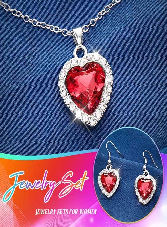 Unicra Heart Silver Jewelry Set Rhinestone Necklace Earrings Bracelet Sets Prom Formal Bridal Wedding Jewelry Sets for Women and Brides (Red) - Image 5