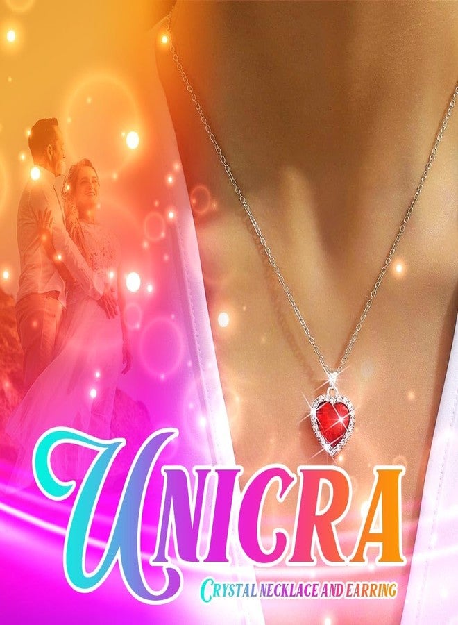 Unicra Heart Silver Jewelry Set Rhinestone Necklace Earrings Bracelet Sets Prom Formal Bridal Wedding Jewelry Sets for Women and Brides (Red) - Image 4