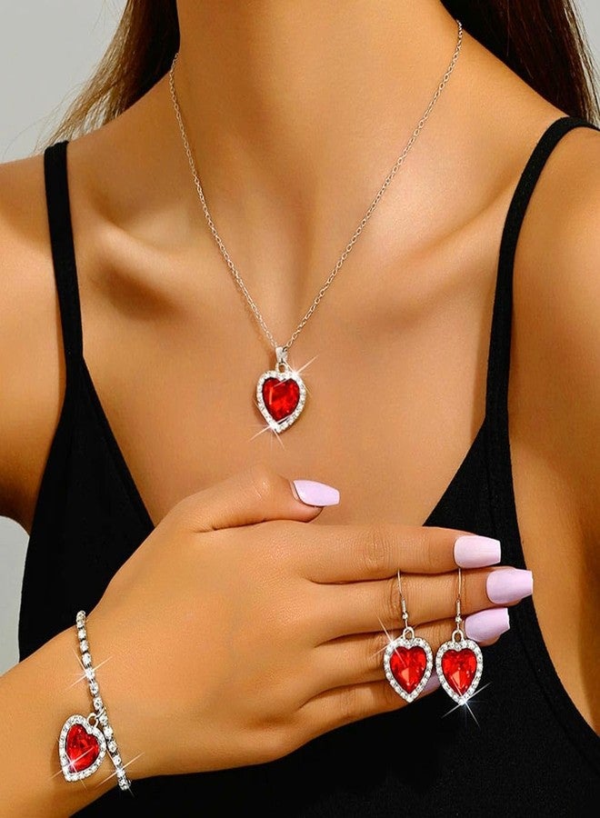 Unicra Heart Silver Jewelry Set Rhinestone Necklace Earrings Bracelet Sets Prom Formal Bridal Wedding Jewelry Sets for Women and Brides (Red) - Image 3
