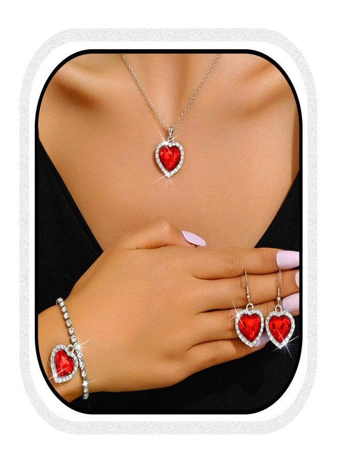 Unicra Heart Silver Jewelry Set Rhinestone Necklace Earrings Bracelet Sets Prom Formal Bridal Wedding Jewelry Sets for Women and Brides (Red) - Image 1
