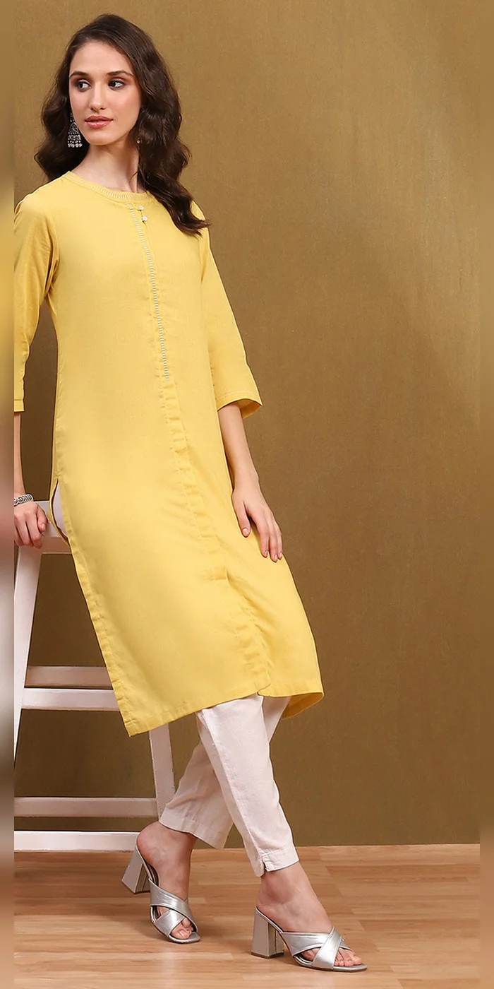 Women Yellow Cotton Blend Solid Regular Fit Straight Kurta