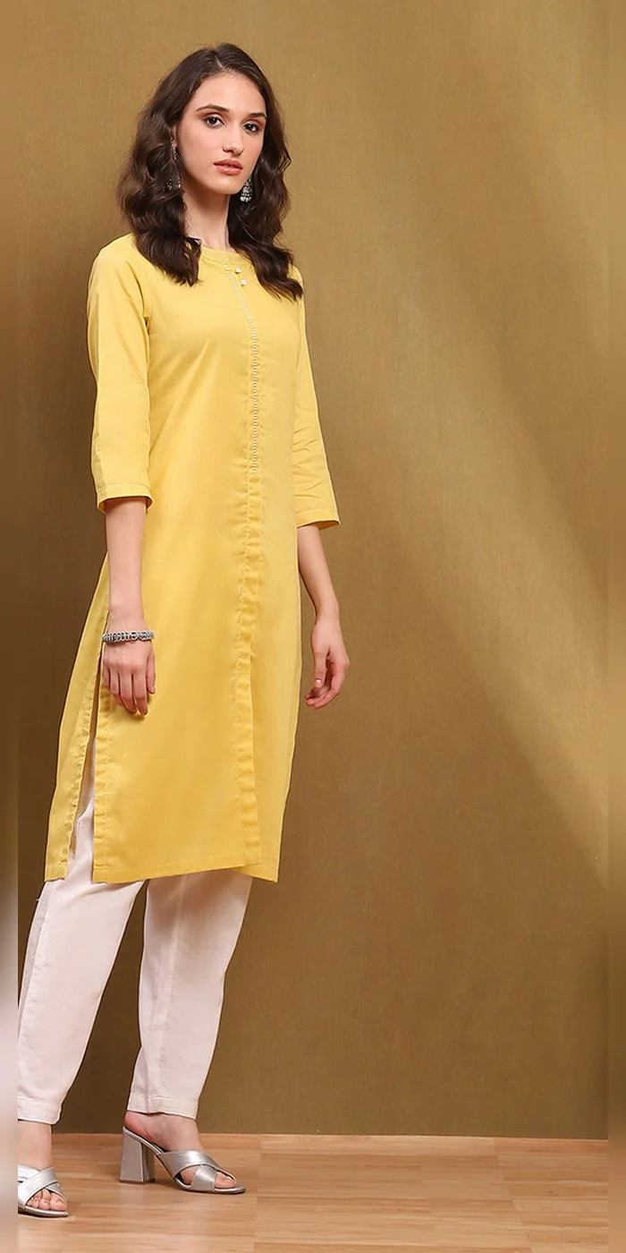 Biba  Women Yellow Cotton Blend Solid Regular Fit Straight Kurta  | Best Price UAE