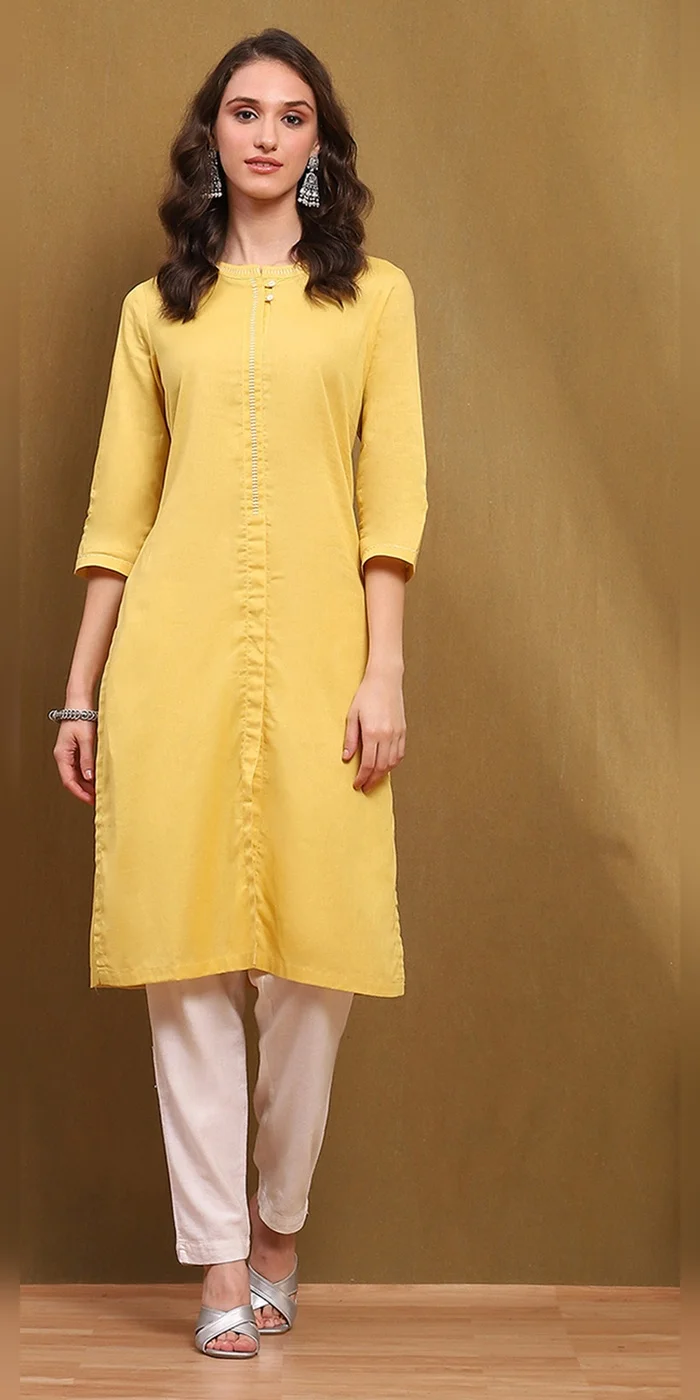 Biba  Women Yellow Cotton Blend Solid Regular Fit Straight Kurta  | Best Price UAE