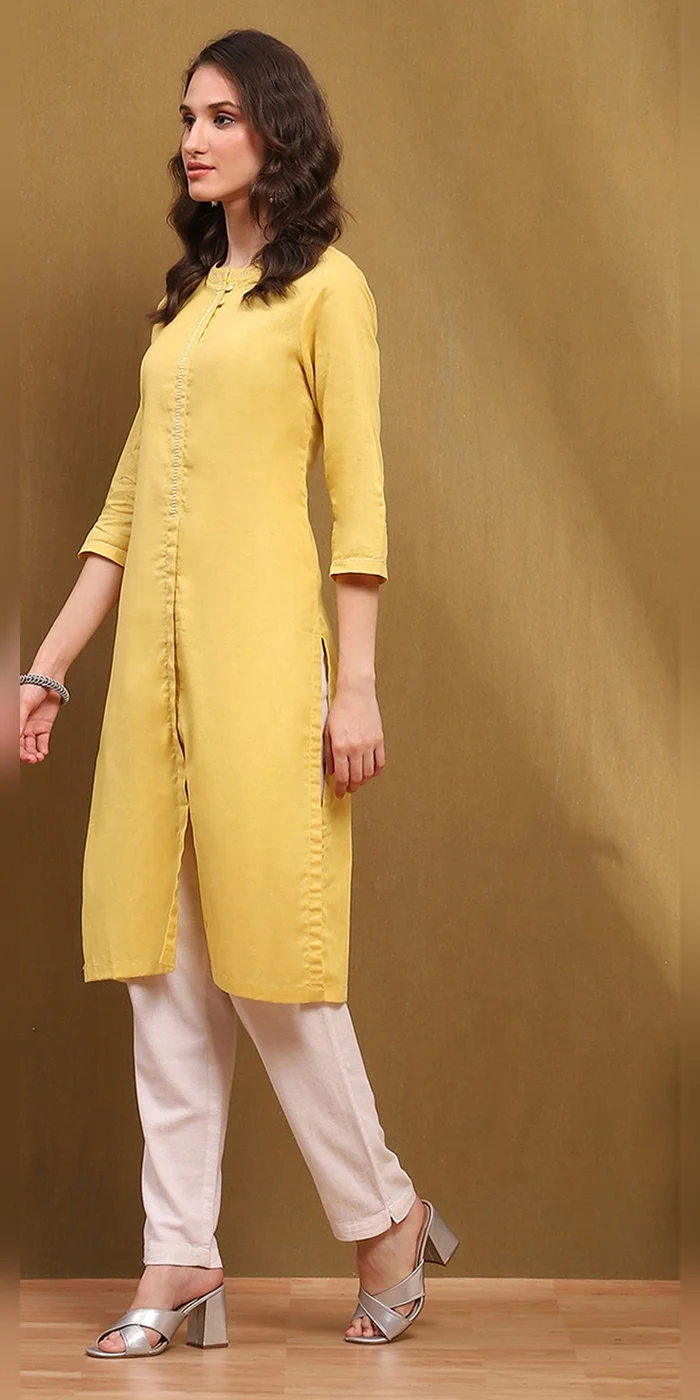Biba  Women Yellow Cotton Blend Solid Regular Fit Straight Kurta  | Best Price UAE