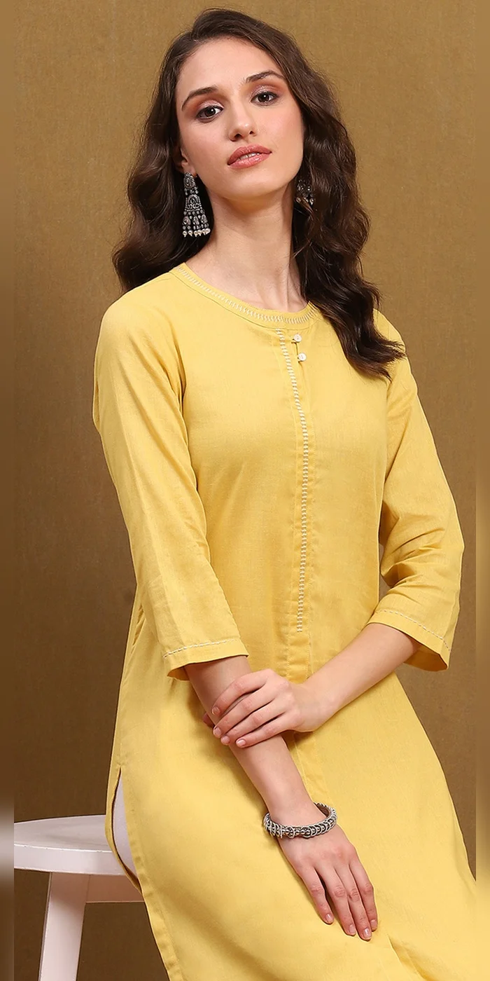 Biba  Women Yellow Cotton Blend Solid Regular Fit Straight Kurta  | Best Price UAE