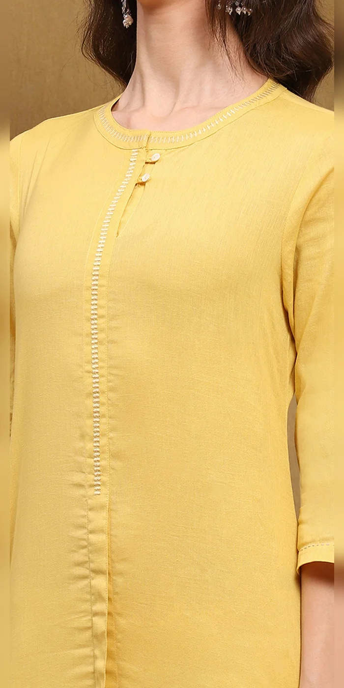 Biba  Women Yellow Cotton Blend Solid Regular Fit Straight Kurta  | Best Price UAE